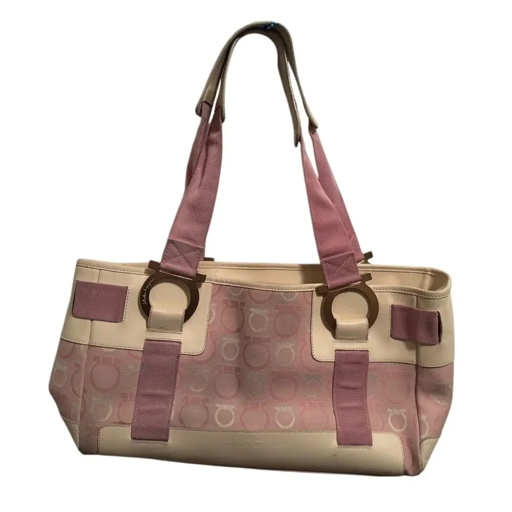 Ferragamo White Leather & Pink Gancini Satchel, Vintage